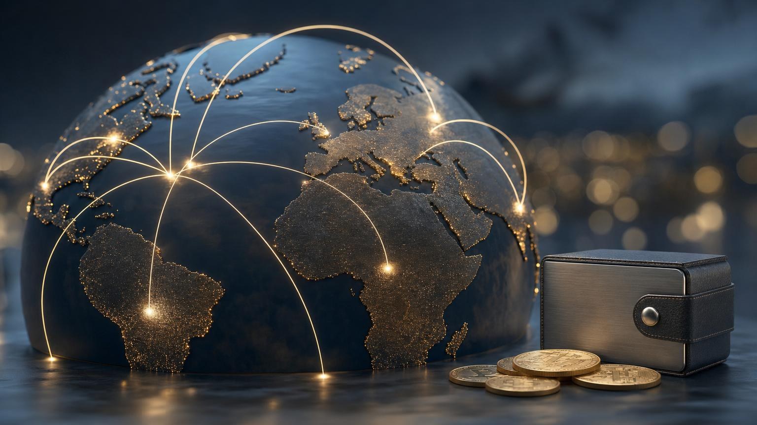 A sender and recipient comparing blockchain networks, exchange costs, compliance checks, and wallet details for an international cryptocurrency transfer